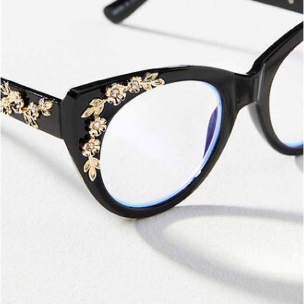 Anthropologie Black Cat-Eye Glasses with Gold Floral Accents - Picture 4 of 7